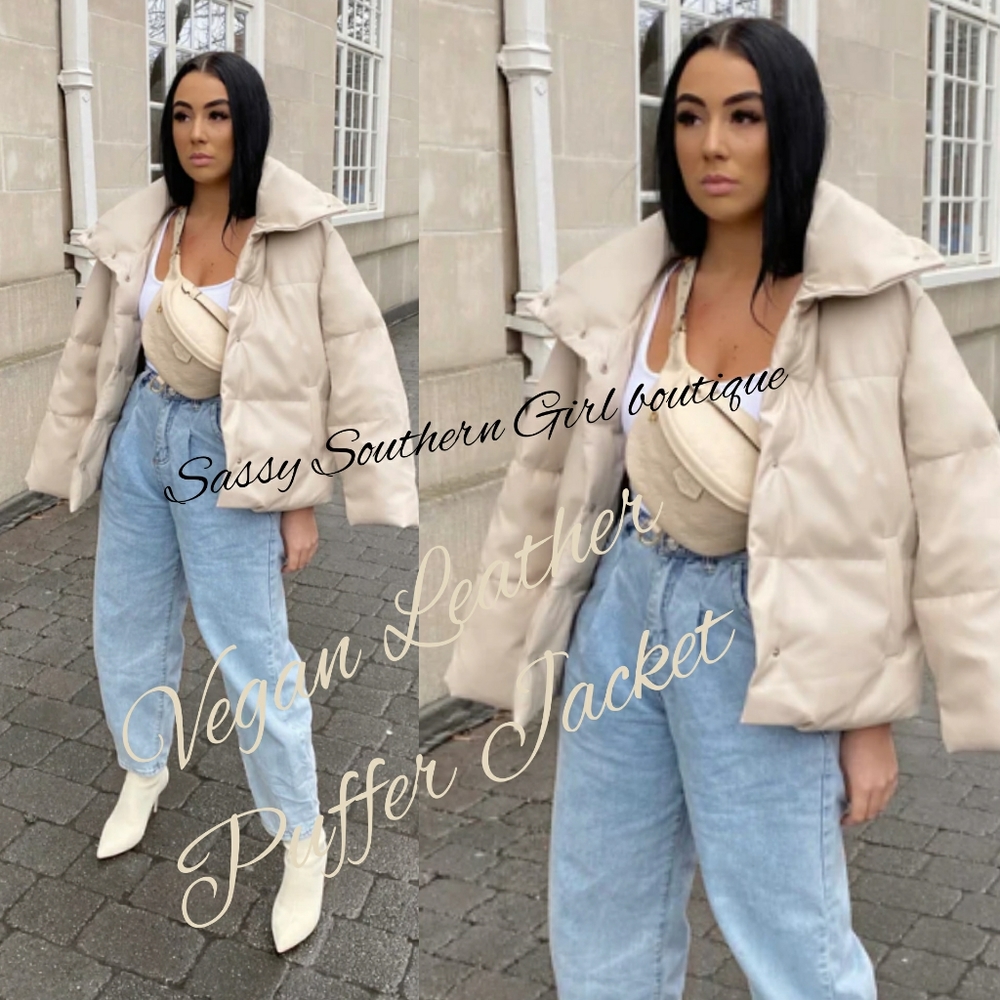 🆕⭐Cream beige vegan leather Puffer down Jacket